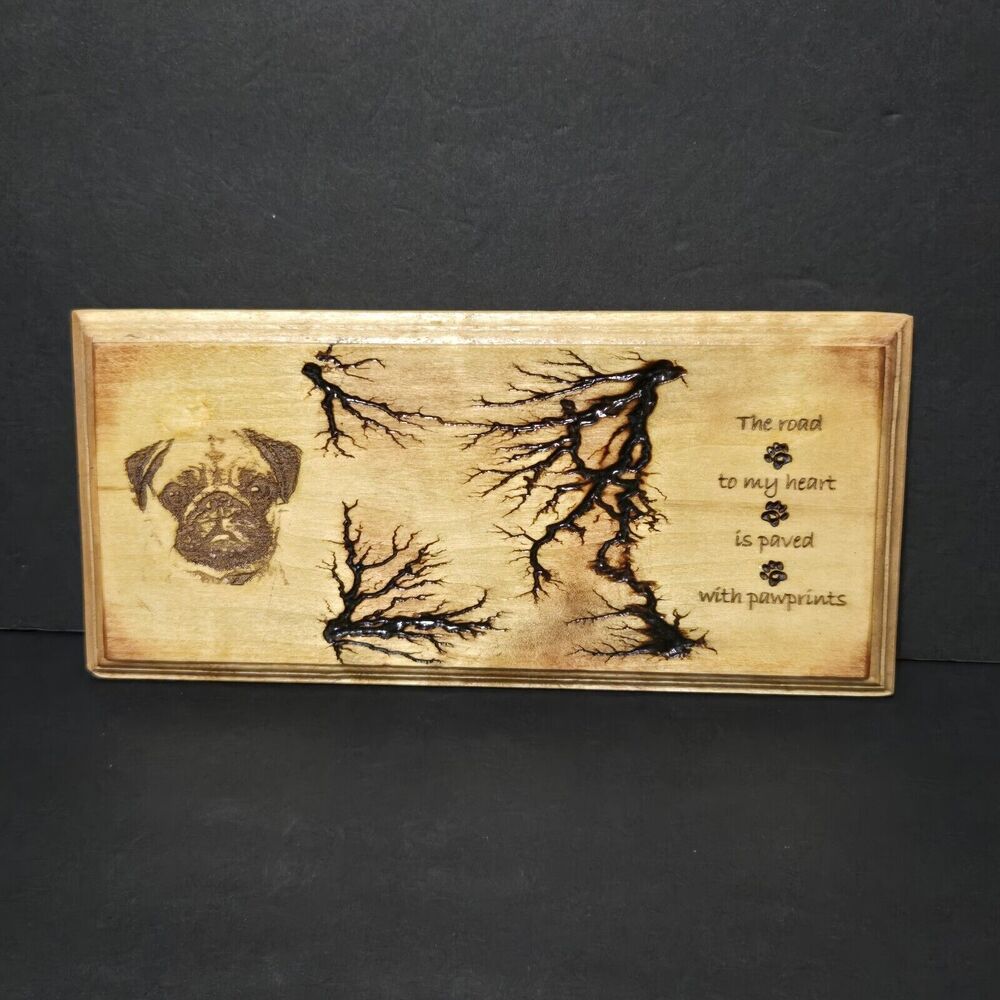 Dog Lover Rustic Wood Wall Art Pug‎ Paw Prints Fractal Burned OOAK Handmade Sign